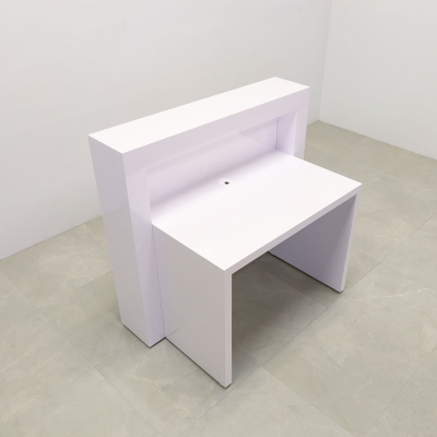 48-inch New York Straight Reception Desk in white gloss laminate main desk, front panel, and accent recessed, with color changing LED.