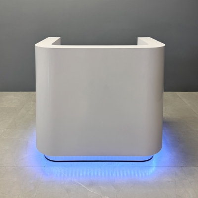 48-inch Nola Reception Desk in white gloss laminate main desk, brushed aluminum solid toe-kick, and color changing LED.