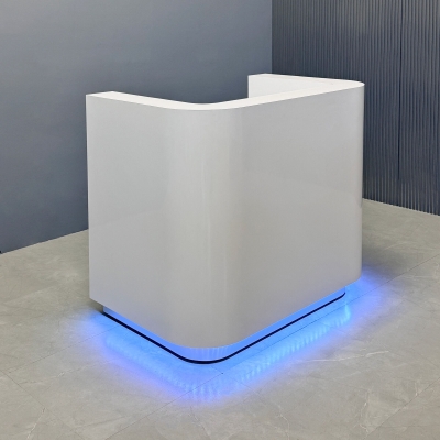 48-inch Nola Reception Desk in white gloss laminate main desk, brushed aluminum solid toe-kick, and color changing LED.