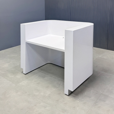 48-inch Nola Reception Desk in white gloss laminate main desk, brushed aluminum solid toe-kick, and color changing LED.