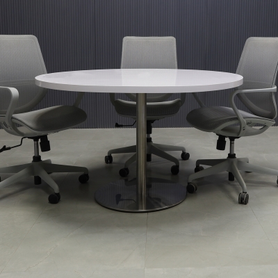 48-inch California Round Conference Table with white gloss laminate top and aluminum stainless steel base.