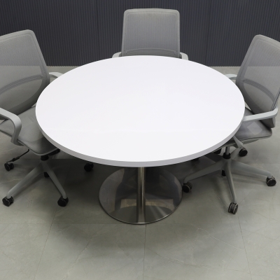 48-inch California Round Conference Table with white gloss laminate top and aluminum stainless steel base.