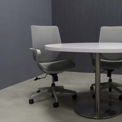 48-inch California Round Conference Table with white gloss laminate top and aluminum stainless steel base.