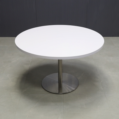 48-inch California Round Conference Table with white gloss laminate top and aluminum stainless steel base.