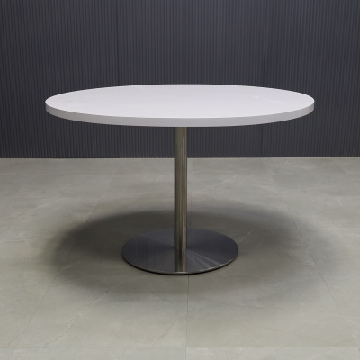 48-inch California Round Conference Table with white gloss laminate top and aluminum stainless steel base.