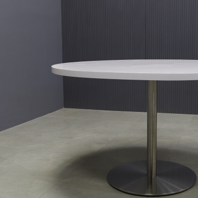 48-inch California Round Conference Table with white gloss laminate top and aluminum stainless steel base.
