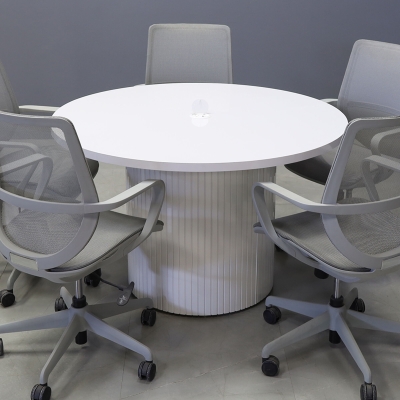 48-inch Newton Round Conference Table in white gloss laminate top, white gloss tambour base, and white MX1 power box.
