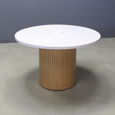 48-inch Newton Round Conference Table in white gloss laminate top, white oak tambour base, and white MX1 power box.