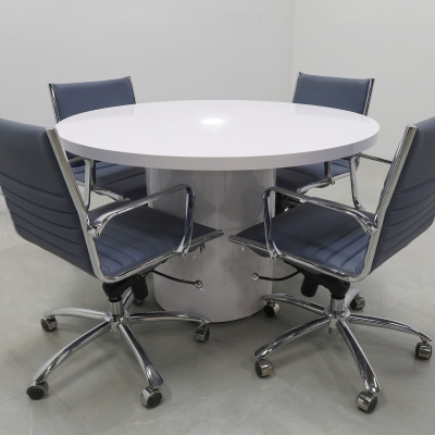 48-inch Newton Round Conference Table in white gloss laminate top & base, with white MX1 power box.