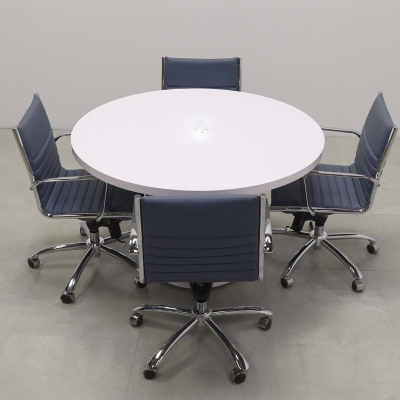 48-inch Newton Round Conference Table in white gloss laminate top & base, with white MX1 power box.