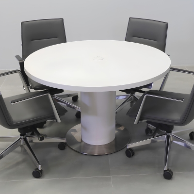 48-inch California X2 Round Conference Table With Laminate Top & pedestal in white matte laminate, silver stainless steel base, and white MX1 power box.