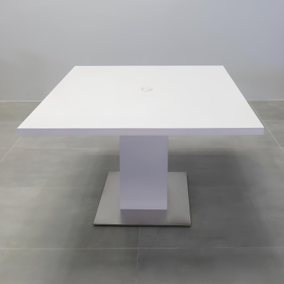 48-inch California X2 Square Conference Table in white matte PVC top & pedestal, and stainless steel base, with white MX1 power box.