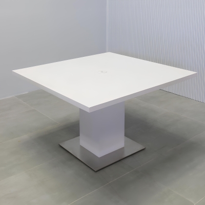 54-inch California X2 Square Conference Table With Laminate Top & pedestal in white matte PVC, silver stainless steel base, and white MX1 power box.
