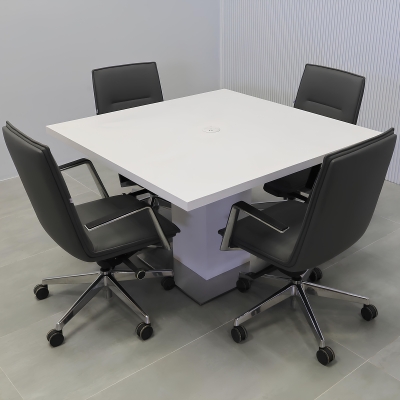 48-inch California X2 Square Conference Table in white matte PVC top & pedestal, and stainless steel base, with white MX1 power box.