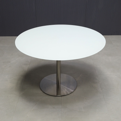 48-inch California Round Conference Table with 1/2-inch white tempered glass top and silver stainless steel base.