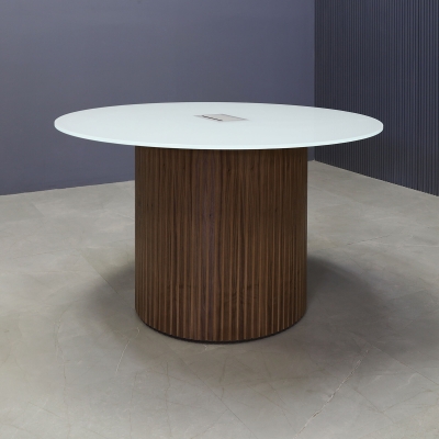 48-inch Omaha Round Conference Table in 1/2-inch white tempered glass top, and walnut tambour base, with silver MX3 power box.