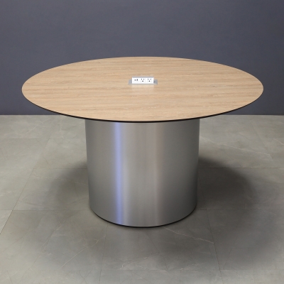 54-inch Aurora Round Conference Table in 1/2-inch Countryside oak engineered surface top, brushed aluminum base, and one silver MX2 power box.