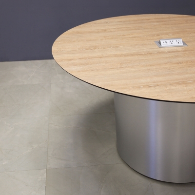 54-inch Aurora Round Conference Table in 1/2-inch Countryside oak engineered surface top, brushed aluminum base, and one silver MX2 power box.