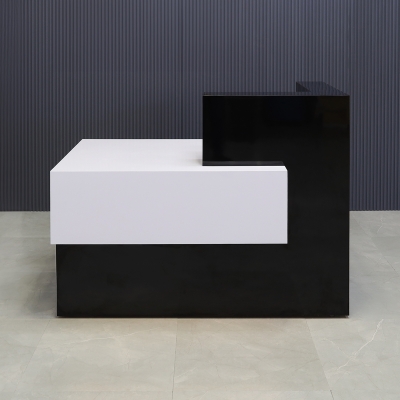 60-inch Atlanta Custom Reception Desk with the countertop & base on the right side when facing front covered in black gloss laminate, while the workspace and front panel are covered in white gloss laminate.