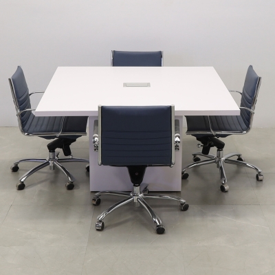 54-inch Newton Square Conference Table With Laminate Top & base in white matte laminate, and silver MX3 power box.