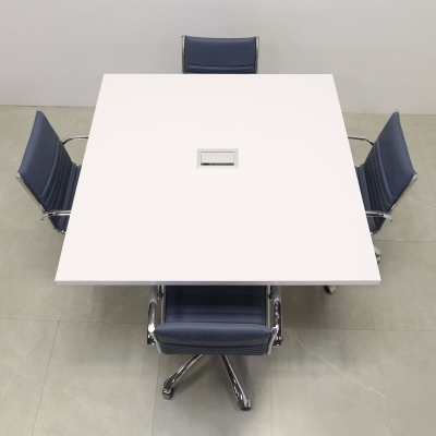 54-inch Newton Square Conference Table With Laminate Top & base in white matte laminate, and silver MX3 power box.