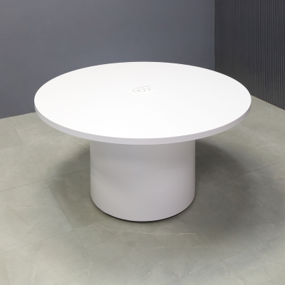 54-inch Newton Round Conference Table in white matte laminate top & base, and white MX2 power box.