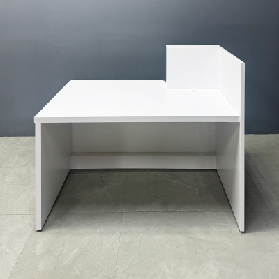 55-inch Dallas ADA Reception Desk in maple tambour desk counter on the left side when facing front, white matte laminate workspace, and brushed aluminum toe-kick.