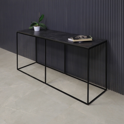 60-inch Aspen Console Table in 1/2-inch black amani engineered surface top and black metal frame.