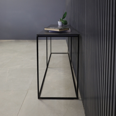 60-inch Aspen Console Table in 1/2-inch black amani engineered surface top and black metal frame.