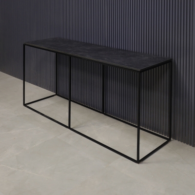 60-inch Aspen Console Table in 1/2-inch black amani engineered surface top and black metal frame.