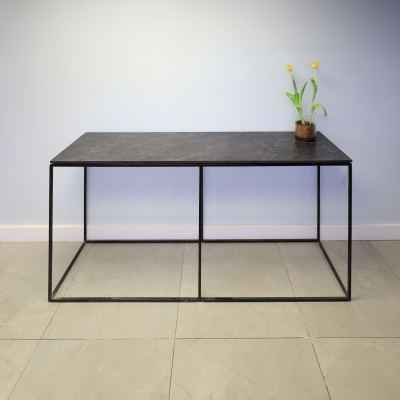 60-inch Aspen Console Table in 1/2-inch black amani engineered surface top and black metal frame.