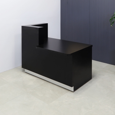 60-inch Dallas ADA Compliant Counter Custom Reception Desk, l-shape counter & desk on the left side when facing front in black matte laminate & workspace, and brushed aluminum toe-kick.