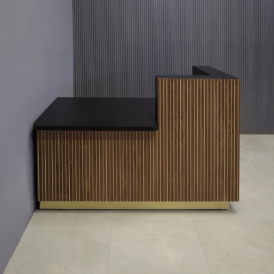 60-inch Dallas ADA Compliant Counter Custom Reception Desk, l-shape counter & desk on the right side when facing front in walnut tambour, black matte laminate workspace, and gold aluminum toe-kick.