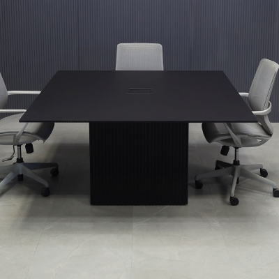 60-inch Aurora Square Conference Table in 1/2-inch black traceless engineered surface top, black traceless tambour base, and black MX3 power box.
