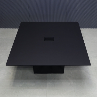 60-inch Aurora Square Conference Table in 1/2-inch black traceless engineered surface top, black traceless tambour base, and black MX3 power box.