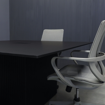 60-inch Aurora Square Conference Table in 1/2-inch black traceless engineered surface top, black traceless tambour base, and black MX3 power box.