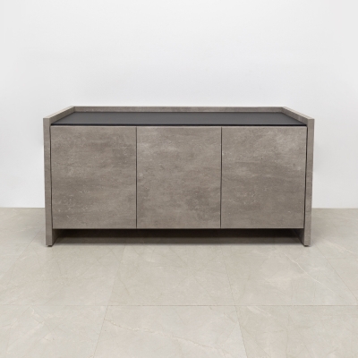 60-inch Aspen Storage Credenza in 1/2-inch black traceless engineered surface top, and industrial concrete credenza & doors.