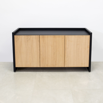 60-inch Aspen Storage Credenza in black traceless laminate credenza, and white oak tambour doors.