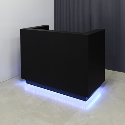 60-inch Dallas U-Shape Custom Reception Desk in black traceless laminate main desk, black matte laminate toe-kick, and color changing LED.