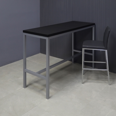 60-inch Aspen Bar Table in black traceless laminate top, and gray metal frame.