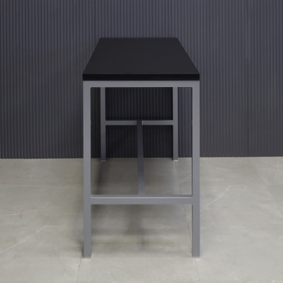 60-inch Aspen Bar Table in black traceless laminate top, and gray metal frame.
