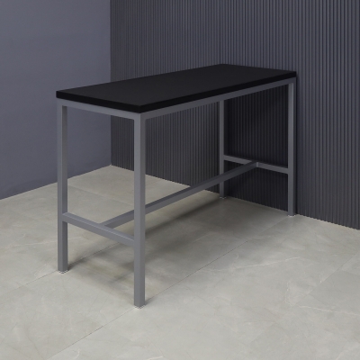 60-inch Aspen Bar Table in black traceless laminate top, and gray metal frame.
