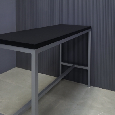 60-inch Aspen Bar Table in black traceless laminate top, and gray metal frame.