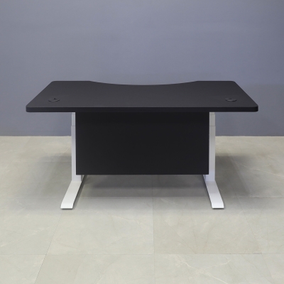 60-inch aXis Sit-stand Executive Desk with black traceless laminate top & privacy panel, and white metal legs, shown here.
