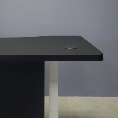 60-inch aXis Sit-stand Executive Desk with black traceless laminate top & privacy panel, and white metal legs, shown here.