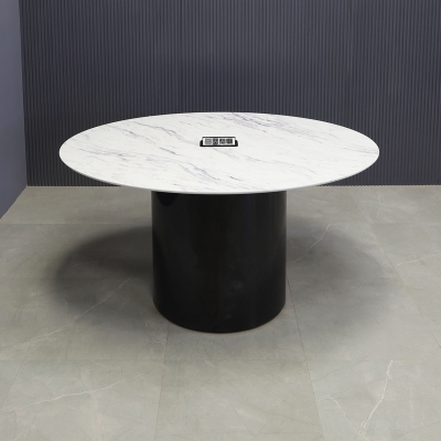 60-inch Aurora Oval Conference Table in 1/2-inch calcutta blanc engineered surface top, black gloss laminate base, and black power box.