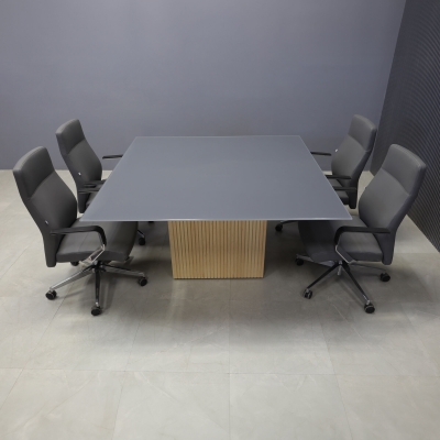 60-inch Omaha Square Conference Table in 1/2-inch dark gray tempered glass top, and maple tambour base.