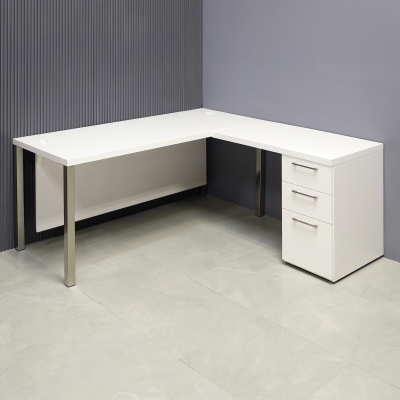 72-inch Dallas L-Shape Executive Desk with return & cabinet on left side when sitting, in dover off-white matte laminate top, cabinet & privacy panel, and brushed aluminum legs, shown here.