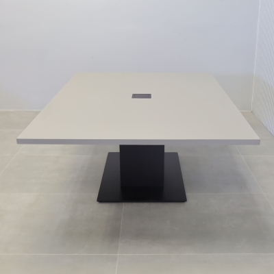 60-inch California X2 Square Conference Table in fog gray matte laminate, black traceless laminate, and black stainless steel base, with black MX2 power box.
