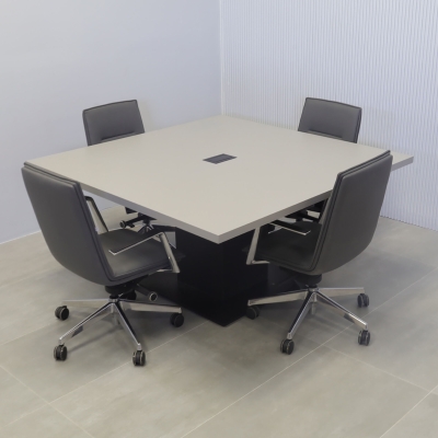 60-inch California X2 Round Conference Table With Laminate Top in fog gray matte laminate, black traceless laminate pedestal, black stainless steel base, and black MX2 power box.